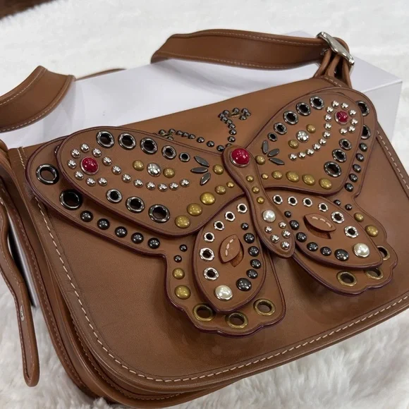 COACH Butterfly Embellished Brown Leather Crossbody Bag - Picture 4 of 17